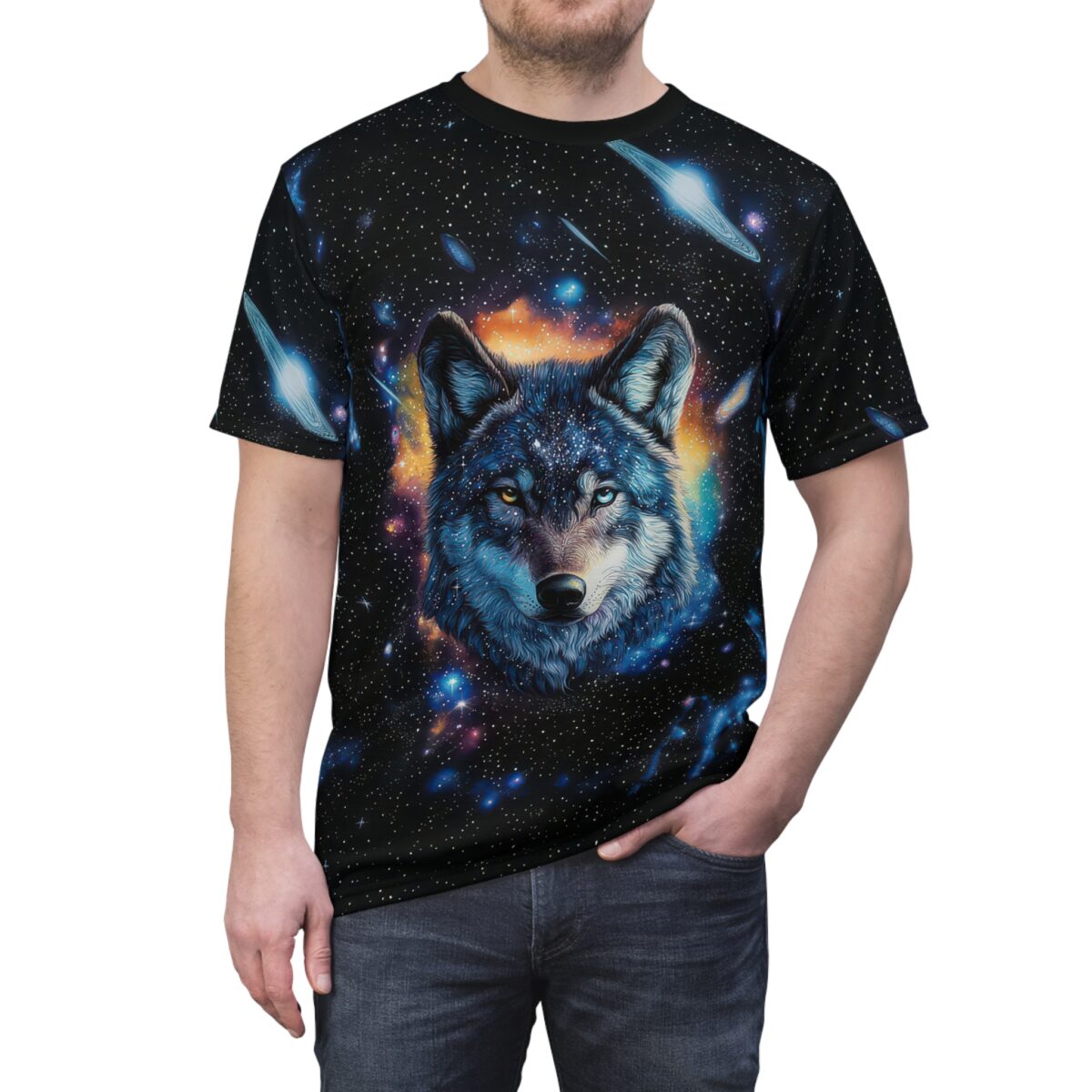 Black fabric displays a vibrant nebula with stars, galaxies, and comets surrounding a detailed wolf's head, featuring heterochromatic eyes and a starry texture on its fur.