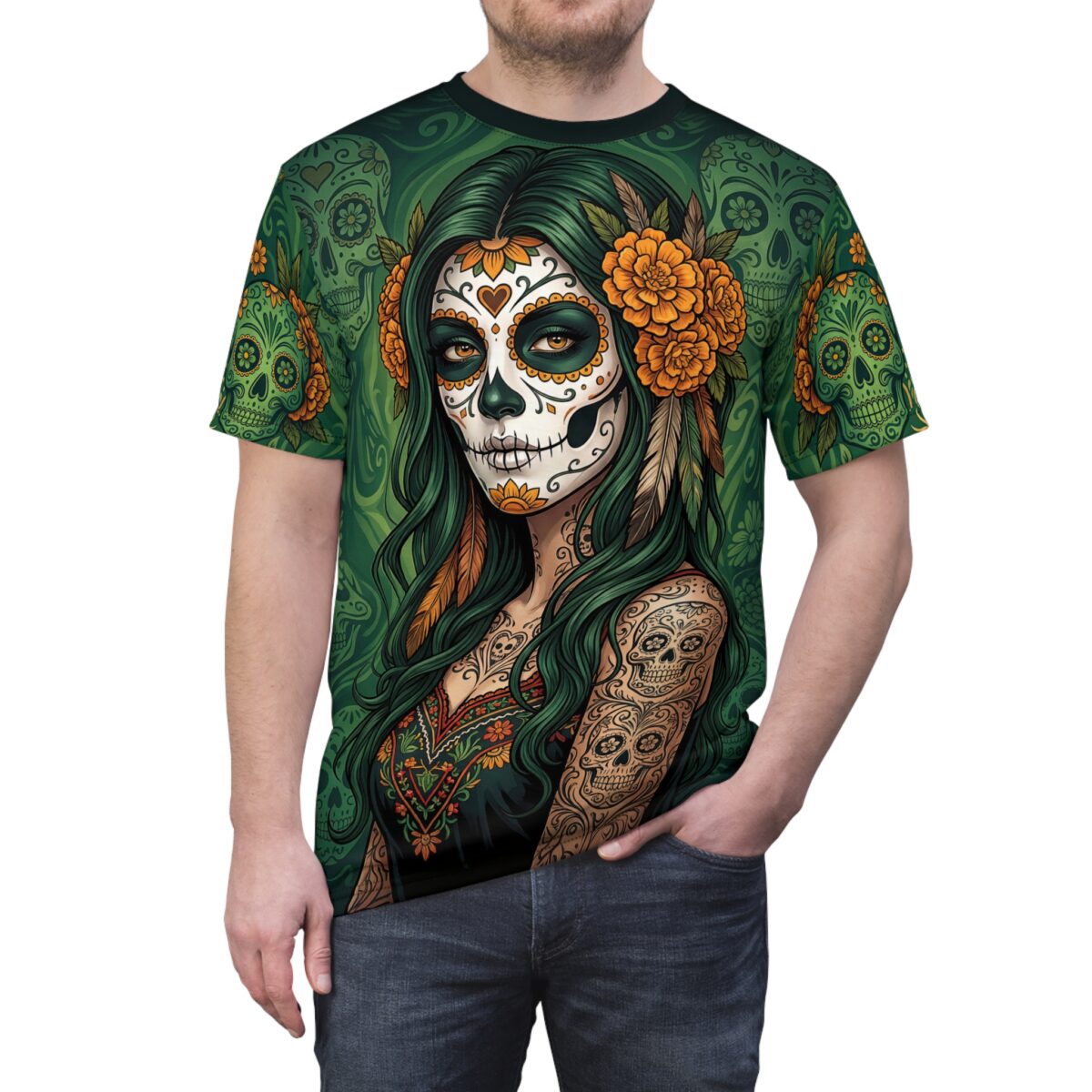 Dia de los Muertos Sugar Skull Graphic Tee - All Over Print Gothic Floral Skull All Over Print T-Shirt