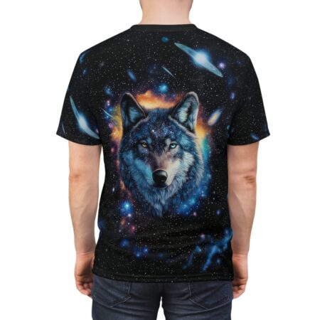 Stars and galaxies cover this all over print apparel, featuring a detailed wolf head with heterochromia in a nebula background.