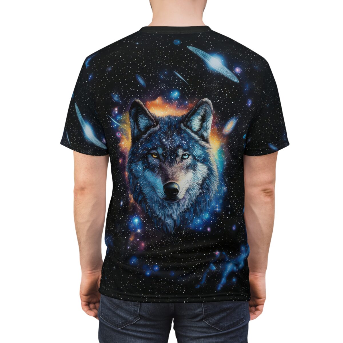 Stars and galaxies cover this all over print apparel, featuring a detailed wolf head with heterochromia in a nebula background.