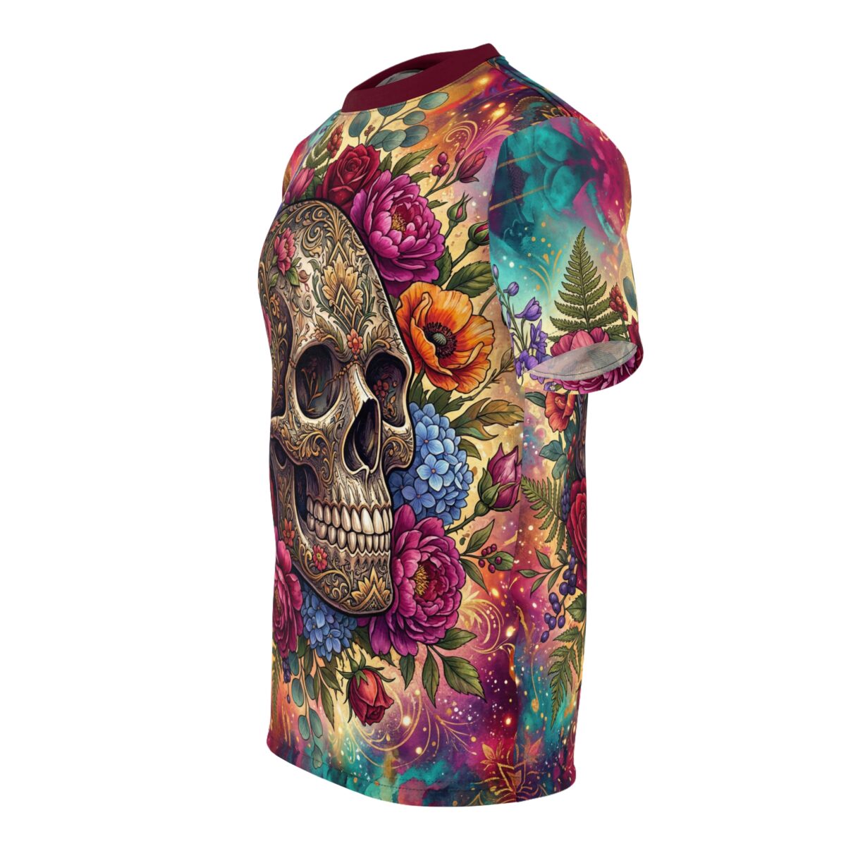 Vibrant sugar skulls and colorful florals wrap around every inch of this garment with an all-over print that covers the fabric from sleeve to hem.