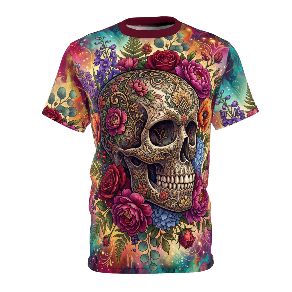 Vibrant sugar skull and floral artwork covers every inch of this tee in a bold 360-degree graphic that wraps seamlessly from front to back.