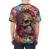 Vibrant Day of the Dead floral sugar skull imagery covers the entire garment surface with a seamless pattern that flows across the fabric from edge to edge.