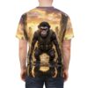 A fierce ape in tactical gear stands in a ruined city with a golden sky, printed on this all over print t-shirt.