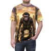 Fiery sunset over a ruined city frames a battle-ready ape in this all over print t-shirt.