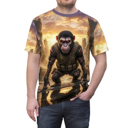 Fiery sunset over a ruined city frames a battle-ready ape in this all over print t-shirt.