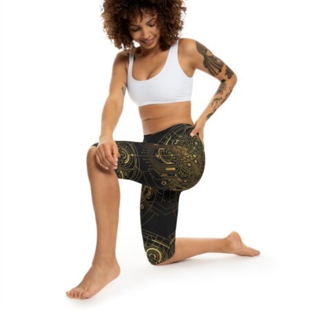 Art Deco gold circuit design leggings showcase a vibrant seamless print with a 360 wrap-around design.
