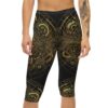 Art Deco gold circuit pattern on black capri leggings with a vibrant seamless print and 360 wrap-around design.