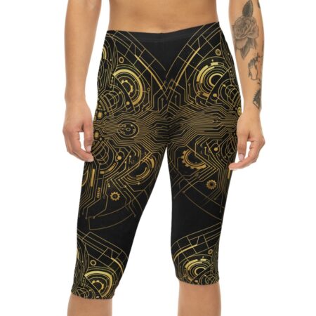 Art Deco gold circuit pattern on black capri leggings with a vibrant seamless print and 360 wrap-around design.