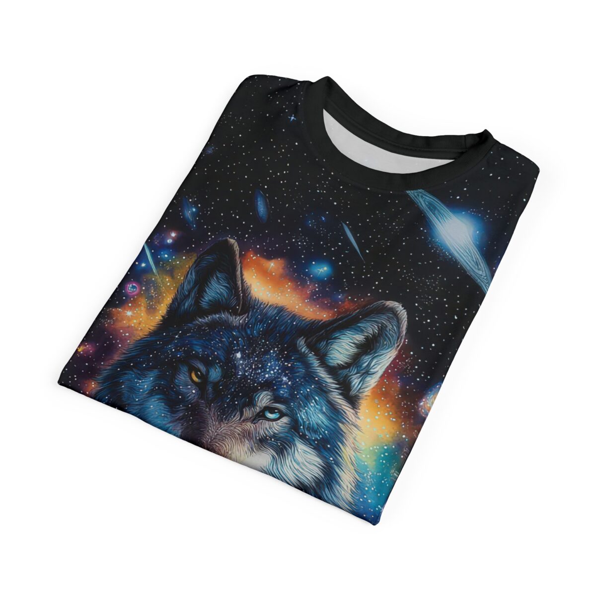 Stars and galaxies in vibrant oranges and blues cover this all over print apparel, featuring a mystical wolf's face looking forward with piercing heterochromatic eyes.
