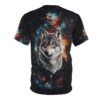 Dark cosmic patterns, sparkling stars, and vibrant orange and blue nebulae cover this sublimation graphic tee, featuring a detailed grey wolf with piercing golden eyes at the center.