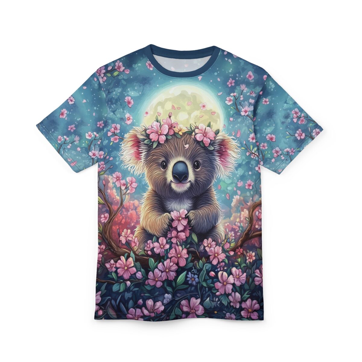 Blue and pink floral patterns cover this all over print apparel, featuring a koala wearing a flower crown under a large moon.