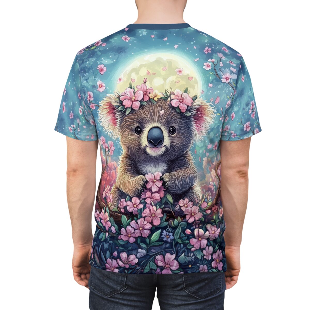 Pink cherry blossoms and a full moon cover this all over print apparel, featuring a kawaii koala in a floral wreath sitting amongst flowers.