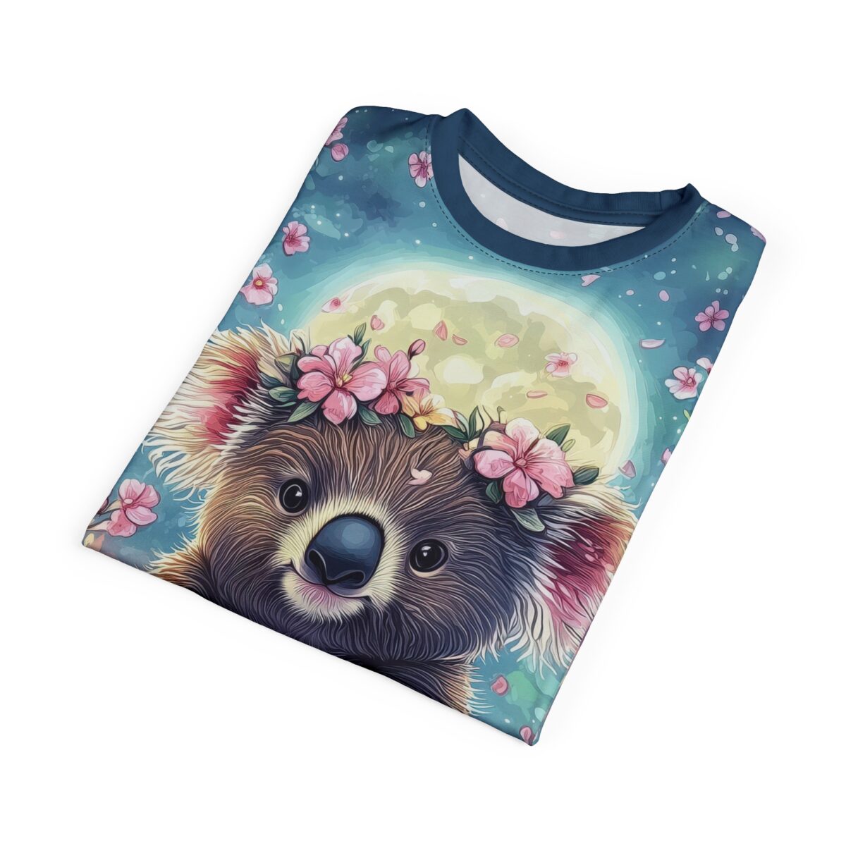 Whimsical floral patterns and a glowing moon backdrop cover this all over print apparel, featuring a sweet koala adorned with a delicate pink flower crown.