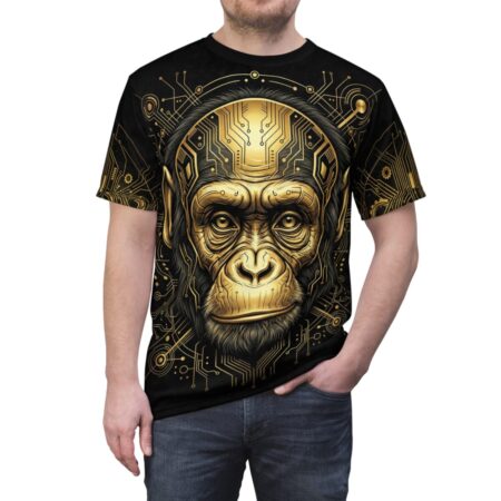 Gold tech gorilla art with circuits on a **360 wrap-around design** tee, featuring a **vibrant seamless print**.