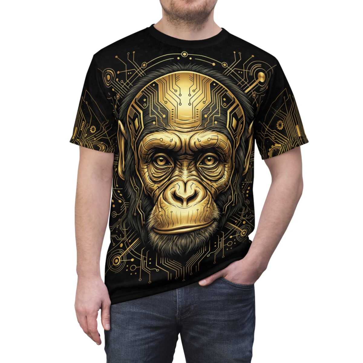 Gold tech gorilla art with circuits on a **360 wrap-around design** tee, featuring a **vibrant seamless print**.