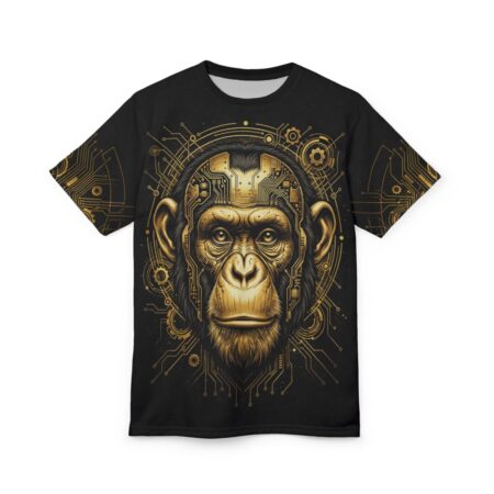 This Cyberchimp tee features a mechanical ape with gold circuit details, showcasing a 360 wrap-around design with a vibrant seamless print.