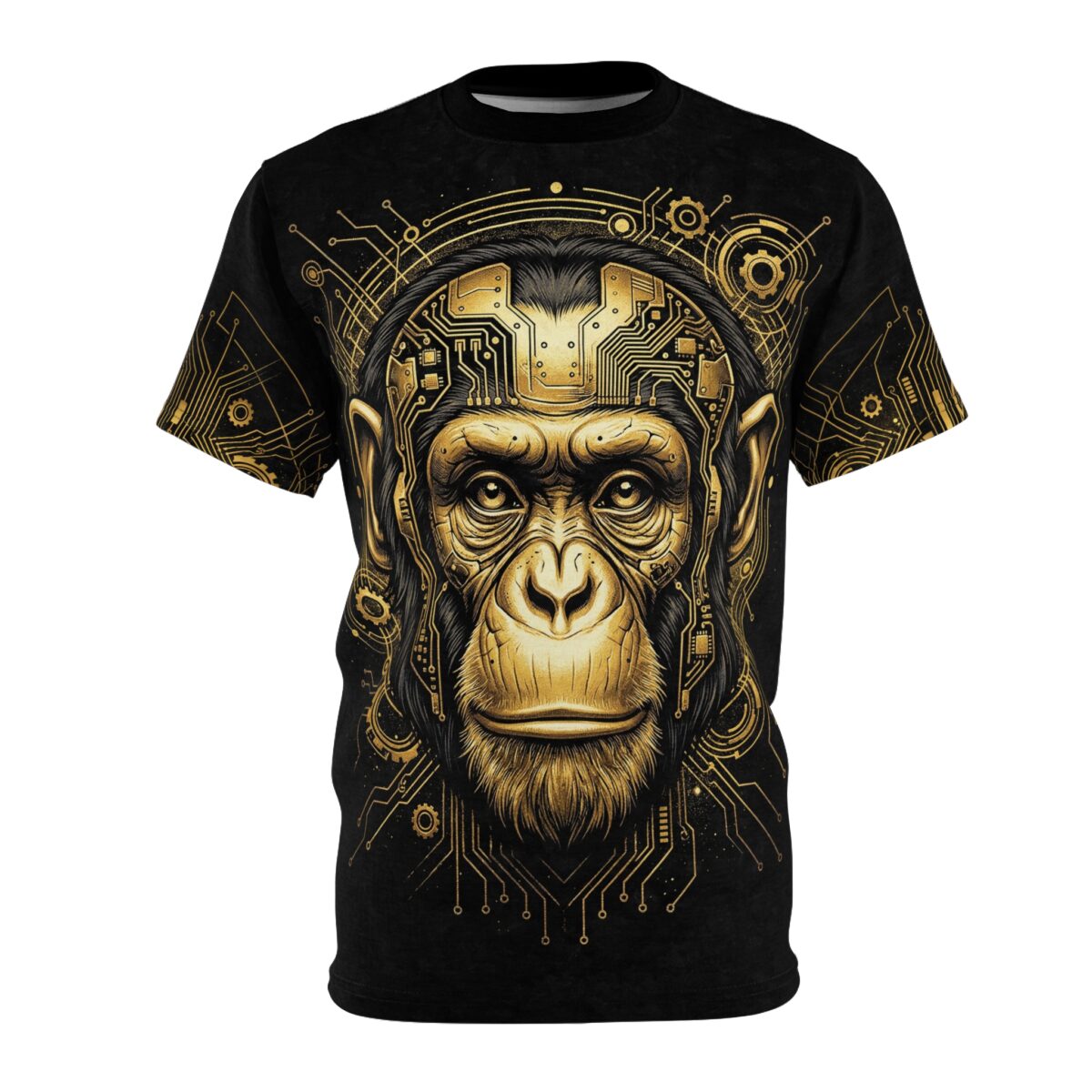 Cyberchimp tee features a mechanical ape with gold circuitry and a vibrant seamless print, showcasing a 360 wrap-around design.
