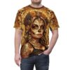 Golden sugar skull imagery covers this smooth, regular-fit tee with detailed gothic floral patterns, warm amber tones, and a comfortable crew neck finish.