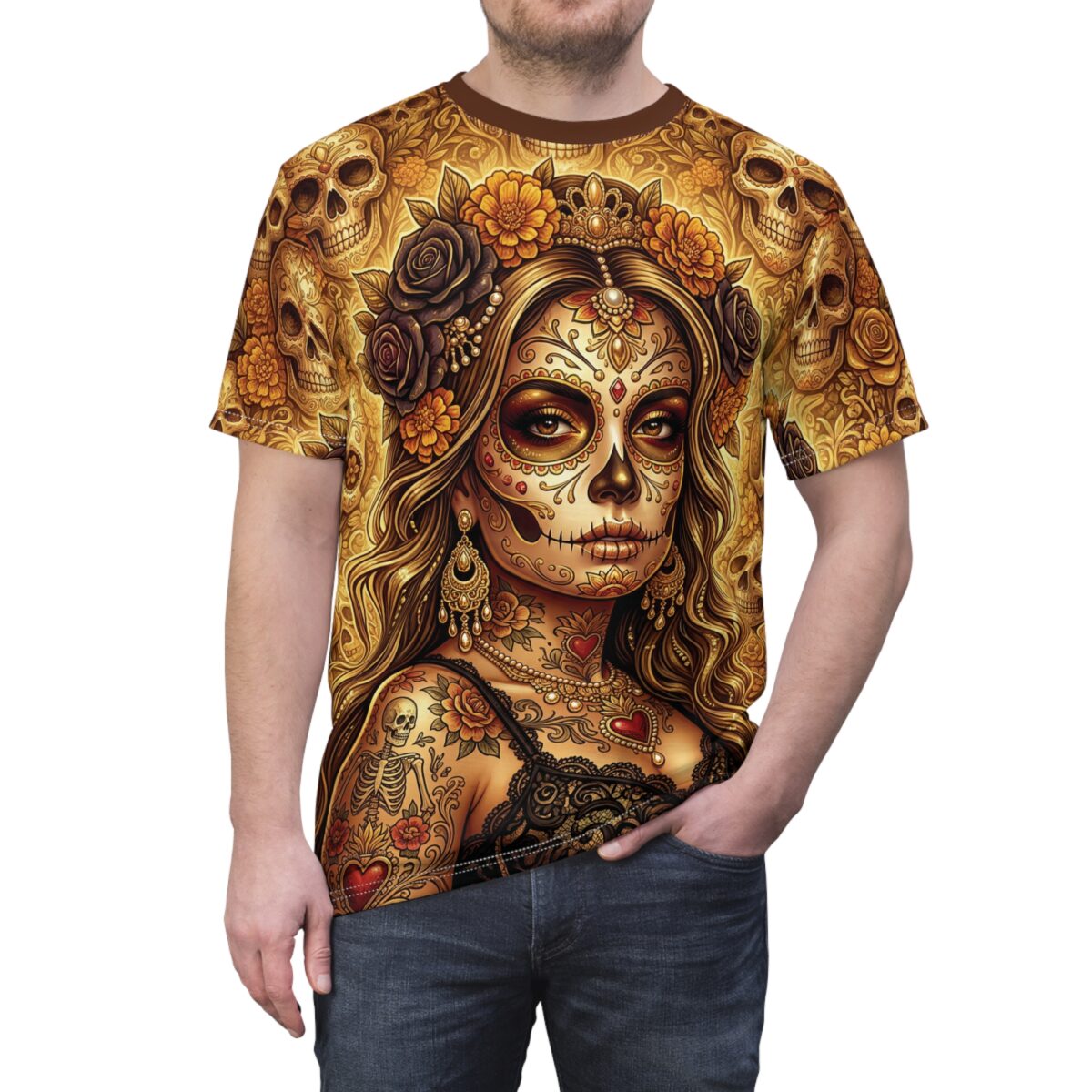 Golden sugar skull imagery covers this smooth, regular-fit tee with detailed gothic floral patterns, warm amber tones, and a comfortable crew neck finish.