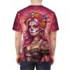 Pink and burgundy floral and skull patterns cover this all over print t-shirt.