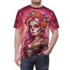 Pink and red floral and skull patterns adorn this all over print t-shirt.