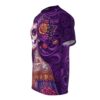 Purple hues and floral accents adorn this all over print t-shirt featuring a skull-patterned background.