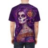 Purple floral sugar skull artwork covers this all over print t-shirt, with intricate patterns.