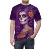 Purple floral patterns and a Day of the Dead sugar skull face adorn this all over print t-shirt.