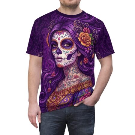 Purple floral patterns and a Day of the Dead sugar skull face adorn this all over print t-shirt.