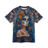 Vibrant calavera illustrations cover this soft polyester crewneck tee, featuring a regular fit and intricate floral patterns in rich blue and orange tones.