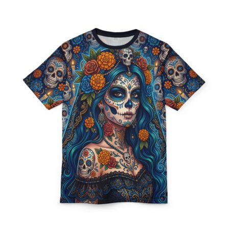 Vibrant calavera illustrations cover this soft polyester crewneck tee, featuring a regular fit and intricate floral patterns in rich blue and orange tones.