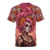 Vibrant La Catrina sugar skulls and pink floral blooms cover the entire fabric in a continuous all-over print design for a bold festive look.