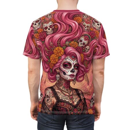 Vibrant pink La Catrina art and floral patterns span every inch of this shirt with an all-over print that wraps seamlessly across the back and sleeves.