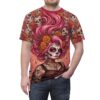 Vibrant pink La Catrina artwork and floral sugar skull motifs cover every inch of this garment through an all-over print design that stretches across the fabric.
