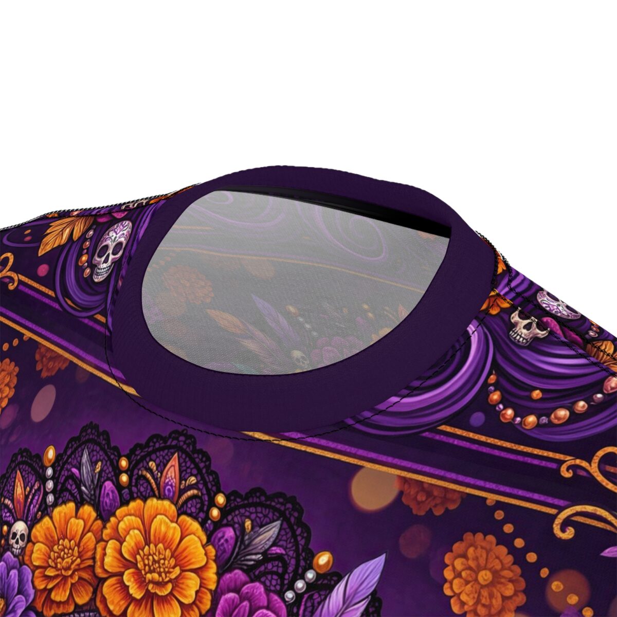 Vibrant purple marigolds and sugar skulls create a seamless pattern that covers every inch of this vibrant graphic tee for a bold Day of the Dead display.