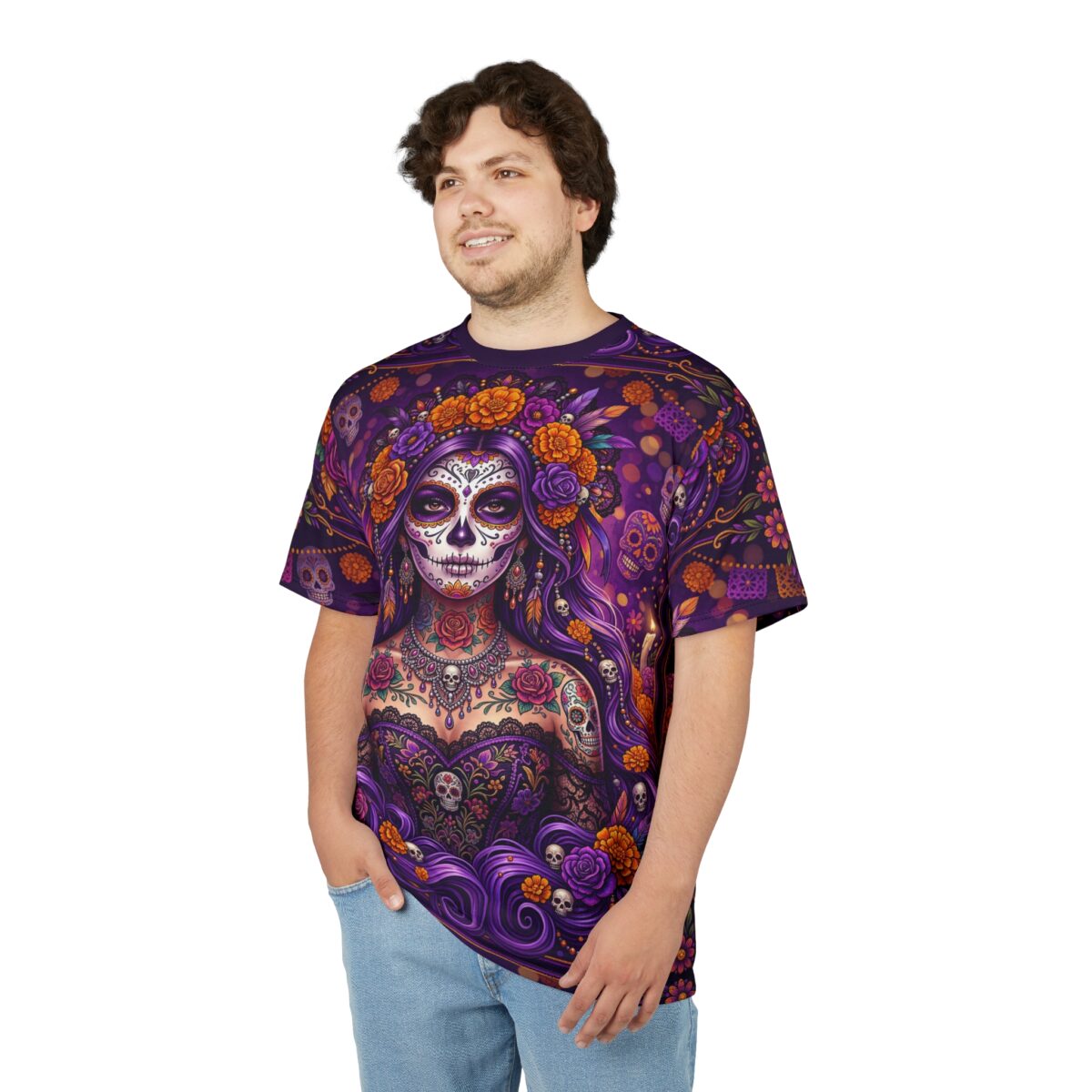 Vibrant purple La Catrina sugar skulls and marigolds cover every inch of this garment through a vivid all-over print design that spans from sleeve to hem.