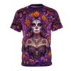 Vibrant purple florals and La Catrina sugar skulls adorn this garment with a continuous 360-degree graphic that wraps the design around every inch of the fabric.
