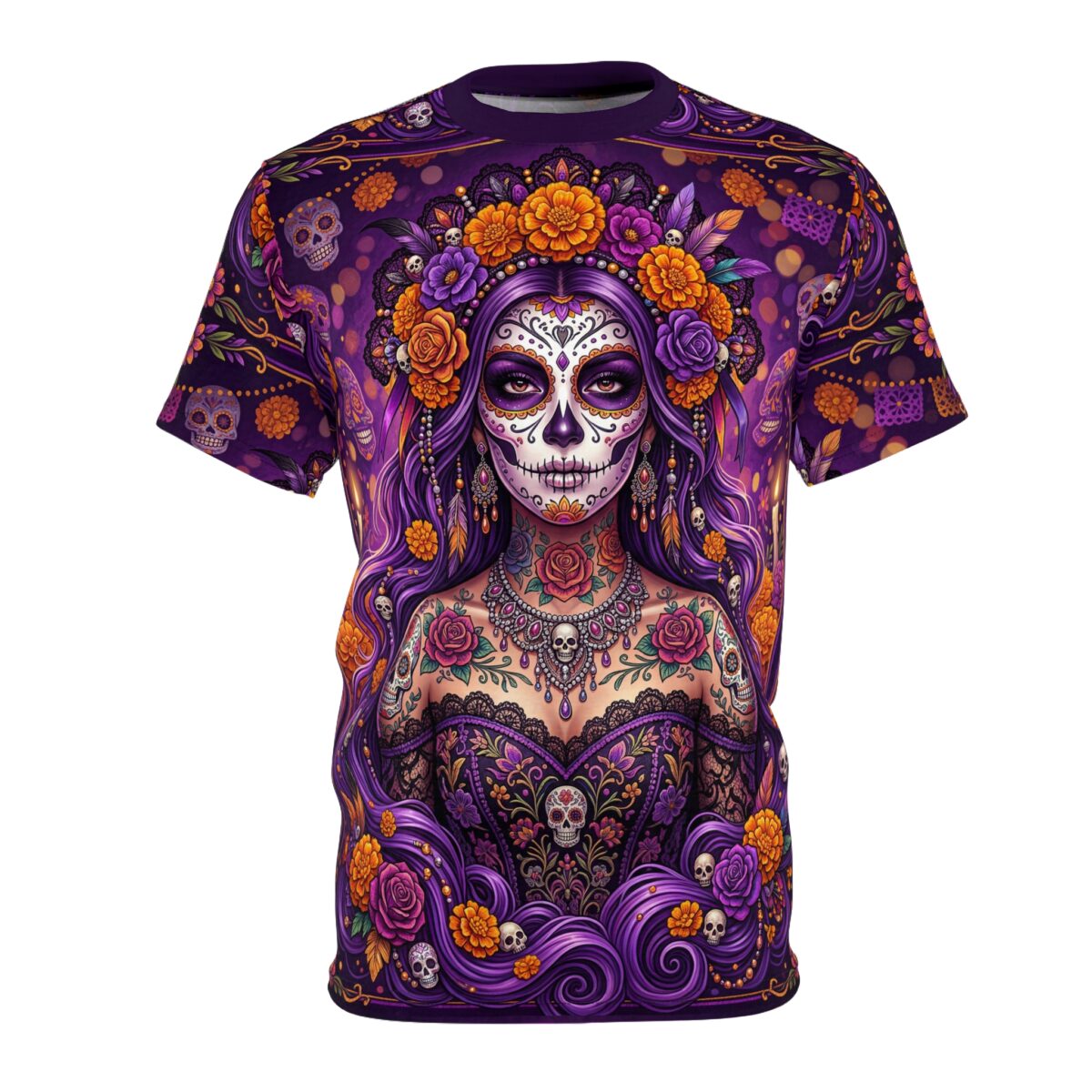 Vibrant purple florals and La Catrina sugar skulls adorn this garment with a continuous 360-degree graphic that wraps the design around every inch of the fabric.
