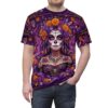Vibrant purple floral La Catrina designs wrap around this shirt with a 360-degree graphic that covers every inch of the fabric from neckline to hem.