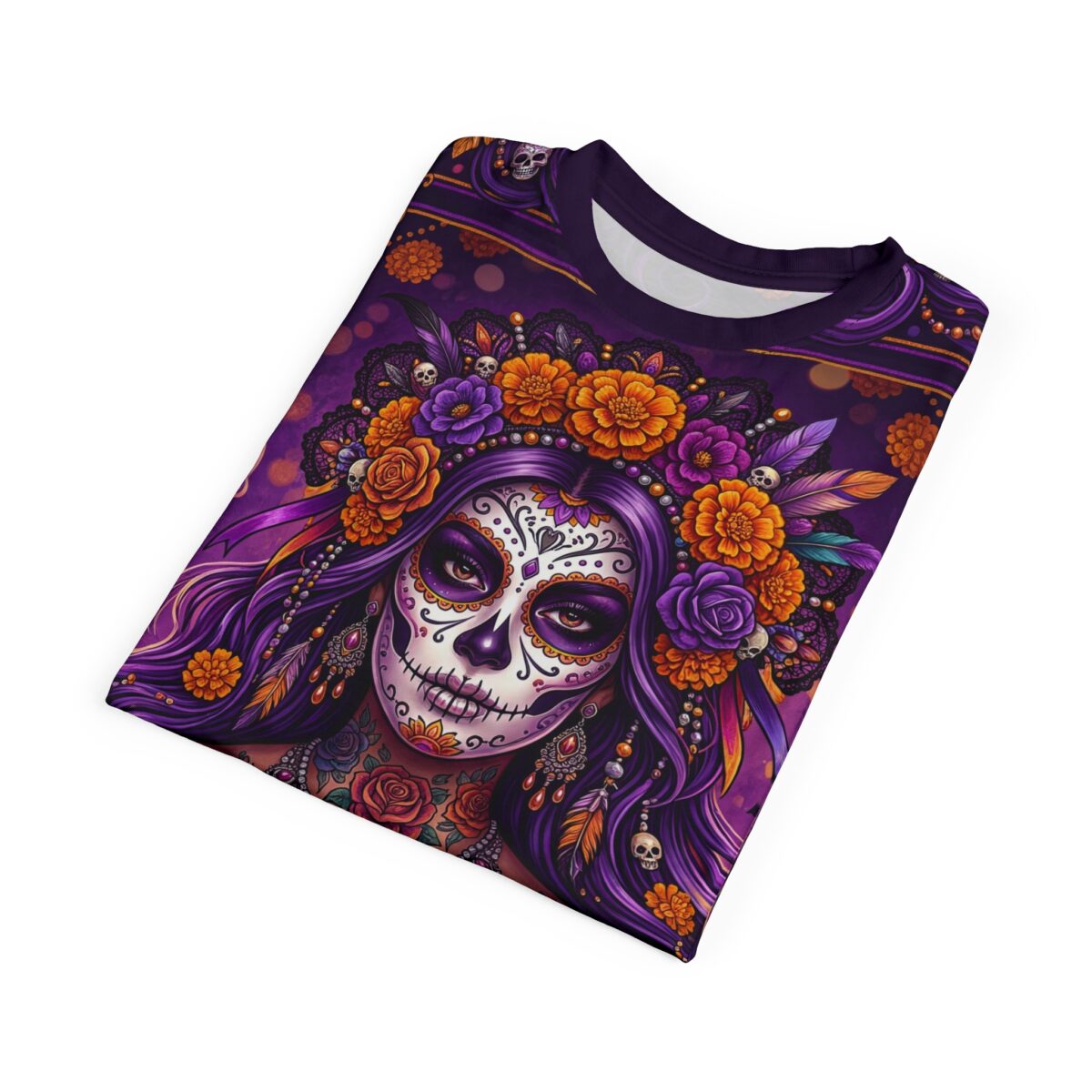 Vibrant La Catrina skulls and purple floral motifs decorate this shirt with a 360-degree graphic that wraps around every inch of the fabric.