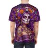 Vibrant violet sugar skulls, marigolds, and delicate beaded necklaces cover this 360-degree graphic tee in soft, breathable fabric.