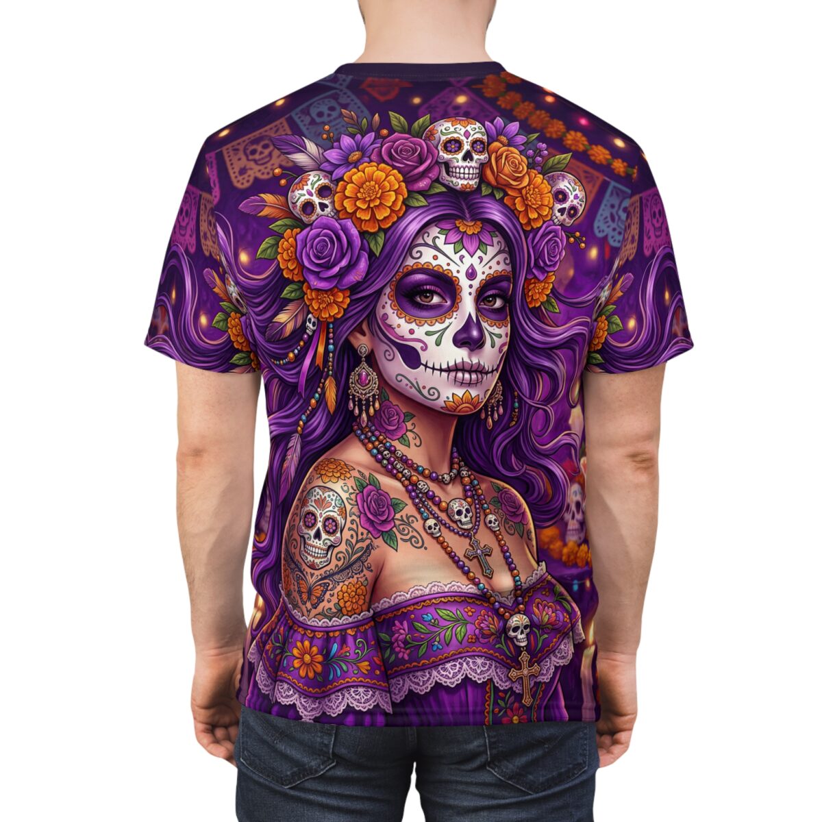 Vibrant violet sugar skulls, marigolds, and delicate beaded necklaces cover this 360-degree graphic tee in soft, breathable fabric.