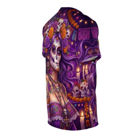 Vibrant purple Catrina art meets orange marigolds on this soft 360-degree graphic tee, showcasing detailed skull bead necklaces and lace accents.