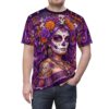 Detailed Catrina with purple hair and floral skull headdress on a vibrant all over print t-shirt.