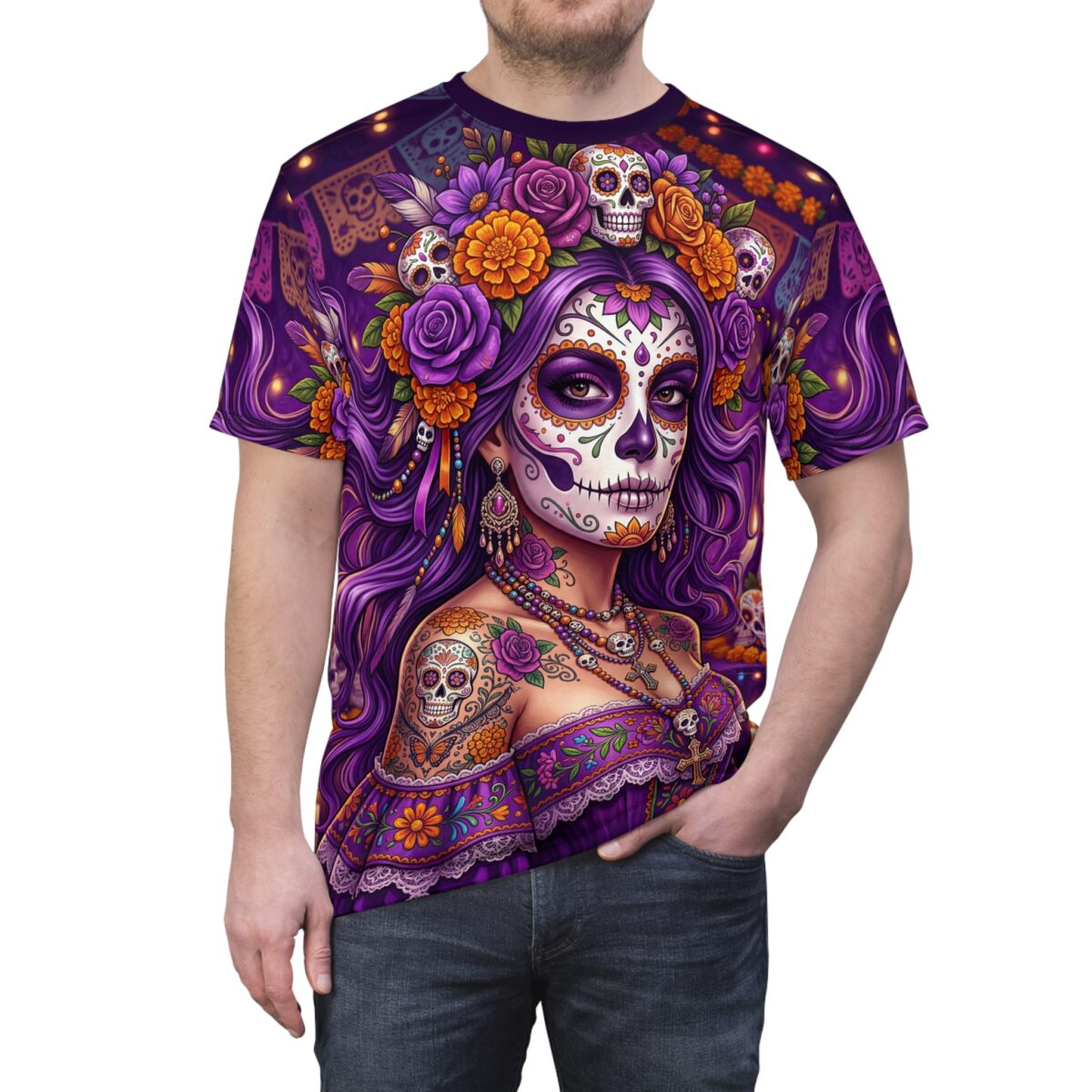Detailed Catrina with purple hair and floral skull headdress on a vibrant all over print t-shirt.