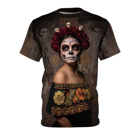 Vibrant seamless print tee features a Day of the Dead Catrina with floral skull crown and 360 wrap-around design.