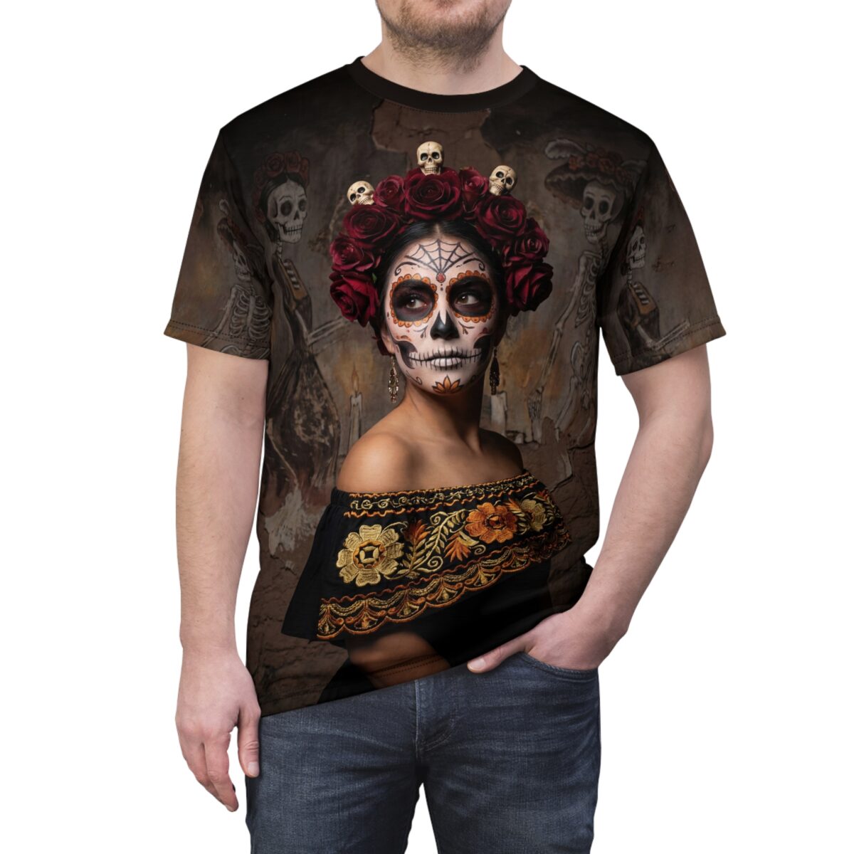 Vibrant seamless print features a Day of the Dead Catrina with floral skulls and skeletons, showcasing a unique graphic apparel with 360 wrap-around design.