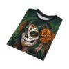 Green and orange floral sugar skull design on an all over print t-shirt.