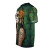 A green all over print t-shirt with a Dia de los Muertos skull and gothic floral patterns.